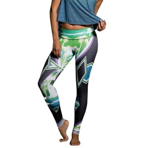 Onzie Small Medium Hot Yoga Graphic Print Legging Palm Sunset Black Green Blue - Picture 1 of 9